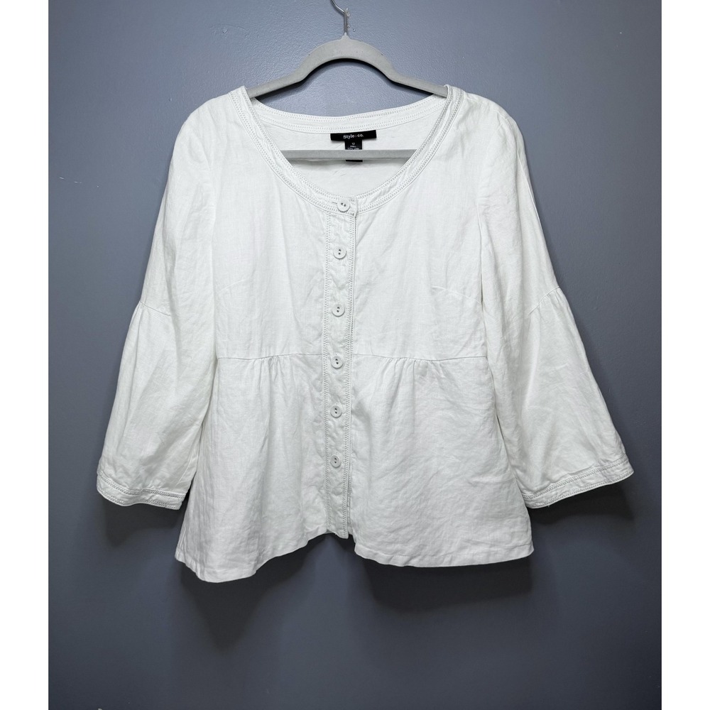 Style & Co Babydoll Blouse Jacket Womens 12 White Linen Button 3/4 Sleeve Top